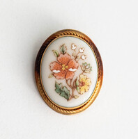 Vintage virágmintás Lenox porcelán bross / medál rézszínű keretben - melltű, kitűző és nyakék egyben