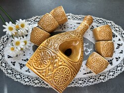Retro kerámia italos palack, régi dugós kulacs, butella 6 pohárral