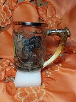 Érdekes  üvegkorsó, festett szarvassal és domborműves fajd kakassal