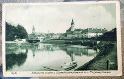 „Győr – Rába-part, Karmelita templom és Nagytemplom, régi képeslap