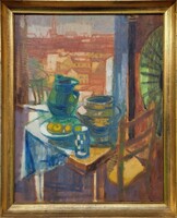 Göllner Miklós (1902 - 1977) Csendélet Ablakban c. Képcsarnokos olajfestménye EREDETI GARANCIÁVAL