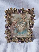 Régi szentkép, gyönyörű festett, plasztikus virágokkal díszített fém, üvegezett keretben