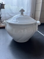 Antik csehszlovák fehér barokk nagyobb gömbtál, komatál, fedeles leveses tál