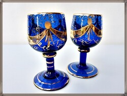 Lenyűgöző, biedermeier, fújt-szakított, csiszolt, aranyozott, kobaltkék kék talpas poharak