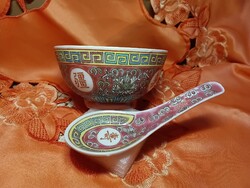 Famille Rose kínai porcelán rizses tál kanállal