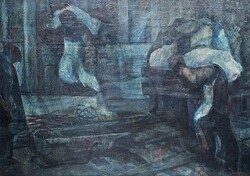 Gábor Jenő: Rakodómunkások (olajfestmény) Esti jelenet, hajnal, sötét tónusú - 1950-es évek