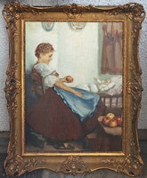 AKCIÓ! Pap Emil 80x60 cm olaj-vászon, hibátlan keretben - Kérsz egy almát? Népviseletes lány babával