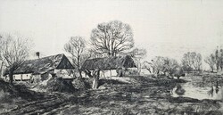 Csergezán Pál: Régi házak (szignózott rézkarc) falusi táj