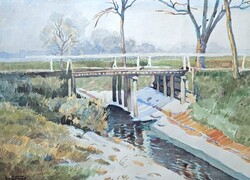 Sautner Lipót (1889-1955): Hóolvadás (keretezett festmény) téli tájkép híddal, fákkal