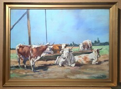 Tehenek - gyönyörű kép, szép keretben! Abonyi - állatok, szarvasmarhák, bocik a gémeskútnál