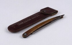 1X431 Antik jelzett szaru nyelű borotva bőr tokban