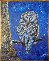 Prima díjas művésztől, Éjjeli bagoly 25x20cm vászonkép zománccal domborítva. Károlyfi Zsófia(1952-)