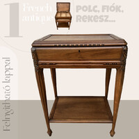 Fiókos polcos ﻿felnyitható tetős antik asztal