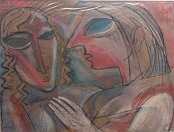 Ughy Miklós: "Társalgás" -eredeti, nagyméretű pasztellkép 1990-ből