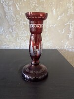 Rubinpiros Egermann üveg gyertyatartó – csiszolt díszítéssel