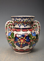 Hódmezővásárhelyi népi mintás majolika váza, HMV Lázi J,  1930-as évek.