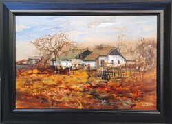 Csikós András (1947-2006) : Alkonyat előtt, kerettel 53x73 cm.