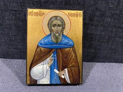 MINIATŰR OROSZ KÉZZEL FESTETT LAKKFA IKON , VALÓDI ARANNYAL!!  6,7X5 cm!!