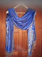 Új Pashmina /selyem+gyapjú/, nagyméretű, királykék-barna színű, mintás női sál/stóla 70 x 170 cm