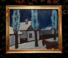 Ismeretlen festő olaj-vászon kartonra ragasztott 50x60 cm-es festménye, metálarany kerettel