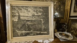 Id. Imre  István - gyönyörű  BUDAPEST- látkép - panoráma -Duna, hidak - RITKA  rézkarc-(72x62cm) cm)