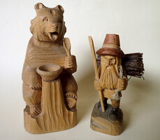 Vintage kézzel faragott népi fa faragás figura fából készült szobor fafaragás maci medve rőzsehordó