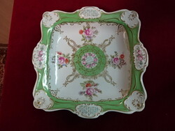 Hollóházi porcelán köretes tál, barokk mintás, kézi festésű, négyszögletes. Jókai