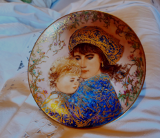Anyák napi gyönyörű 18 karátos aranyozással festett falitányér:  Katalin és gyermeke 1987-ből