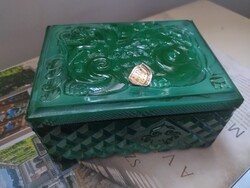 Art Deco vintage, malachit jáde üveg doboz/ékszer tartó, kínai sárkány motívummal
