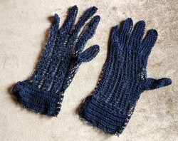 SZECESSZIÓ FEKETE HORGOLT CSIPKE KESZTYŰ PÁR MAGYAR KÉZIMUNKA SZINHÁZ FILM