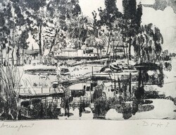 Doór Ferenc: Dunapart (szignózott rézkarc) vízparti jelenet, csónakok, hajók