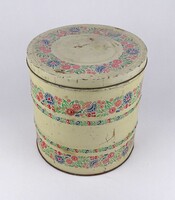 1X472 Régi, nagyméretű, magyaros virágmintás, lisztes pléh doboz 20.5 cm