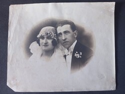 Régi Esküvői stúdióportré – fiatal pár, Dékány fotó, Karczag, 1920–30-as évek