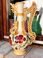 Hatalmas méretű antik fajansz csőrös díszkancsó, karaffa Steidl Znaim vagy Julius Dressler 1880körül