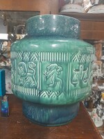 Nagyméretű Gránit,Plasztikus Horoszkóp Mintájú,Zöld Mázas Kerámia Kaspó Váza.34 x 30 cm.