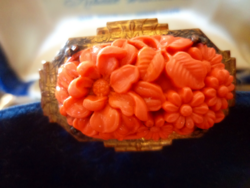 Antik filigrán bross lazacszínű különleges üvegpaszta díszítéssel - Hibátlan!