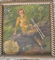 Erdei faun, olajfestmény, 34x34cm, aranyozott, csavart mintájú keretben