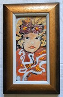 Fehér Margit "Tavaszlány" c. keretezett tűzzománca ingyen postával