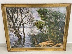 Arató István erdőbelső tájkép vízpart képcsarnokos 80 x 60cm