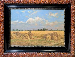 Basch Árpád (1873-1945): Aranyló búzamező - exkluzív keretben! (olajfestmény) Napsütötte táj