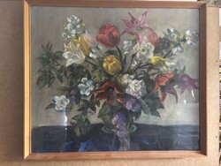 Ifj. Éber Sándor  – „almafavirág tulipános csokor” – pasztell festmény AKCIÓ leírásban