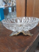 Tömör Bronz-Réz Lábú,Metszett Kristály Üveg Asztalközép,Kínáló.14 x 6.5 cm.