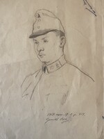 ELSŐ VILÁGHÁBORÚS KATONA PORTRÉJA 1917 - JELZETT GRAFIKA RAJZ 27 X 27 CM
