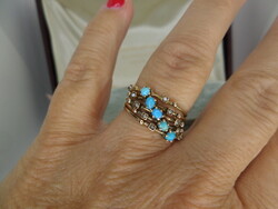 Antik arany "cukor" gyűrű türkizekkel és gyöngyökkel