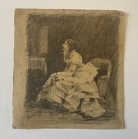 TIBOR '916 - LÁNY A FOTELBEN, JELZETT GRAFIT RAJZ 17.2 x 18.7 CM