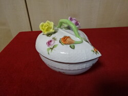 Herendi porcelán bonbonier, levél formájú, rózsa mintás. 6003/PB R.  Jókai