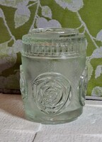 Retro préselt üveg púdertartó tégely fedővel – rózsa mintás, Ząbkowice, 1960–70-es évek