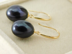 Gyöngy 18 K Arany Lógós Fülbevalók Gyönyörű Fekete 10 mm-es Gyöngyökkel