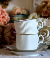 Art deco, hófehér finomporcelán, bordázott felületű teás csészek szettek