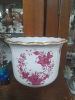 Herendi Indiai Kosaras Pur-Pur Lila,Pink Mintás,Kézi Festett Porcelán Kaspó Váza.14 x 19 cm.